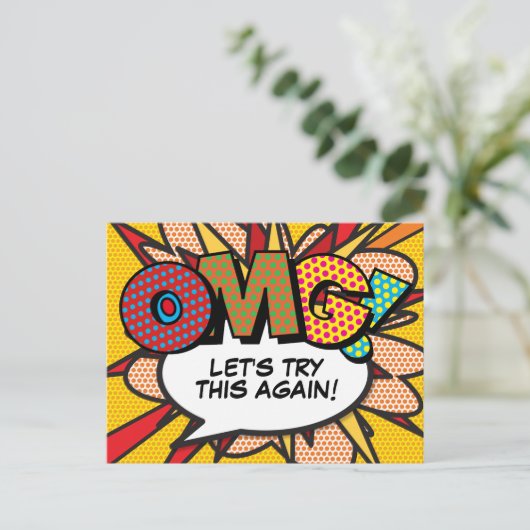 OMG 延期のお知らせ ポップアート風コミックブックデザイン ポストカード (スタンド正面)