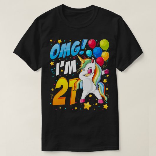 Omg I'm 21 Unicorn Dabデザイン21 Birthday W Tシャツ (デザイン正面)