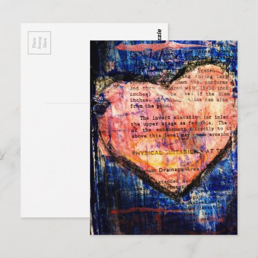 On Blue a Pink Heart Mixed Media Collage ポストカード (正面/裏面)