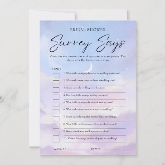 On Cloud 9ブライダルシャワー調査によるとゲームカード 招待状 (正面)