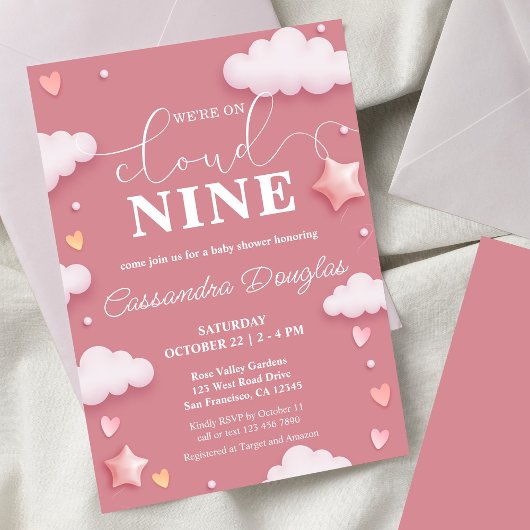 On Cloud Nine モダン Pink Baby Shower 招待状