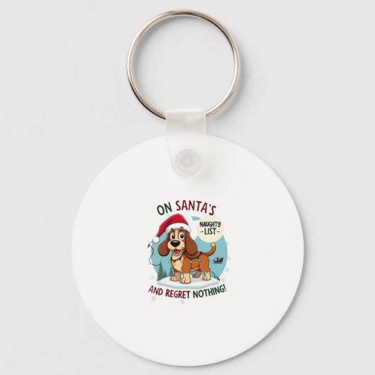 On Santa's Xmas Naughty List Regret Nothing Basset キーホルダー (正面)