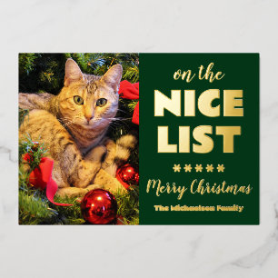 On the Nice List Christmas Cat Pet Photo 箔シーズンカード