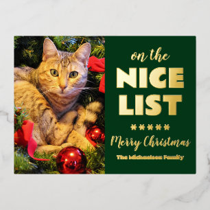 On the Nice List Christmas Cat Pet Photo 箔シーズンポストカード
