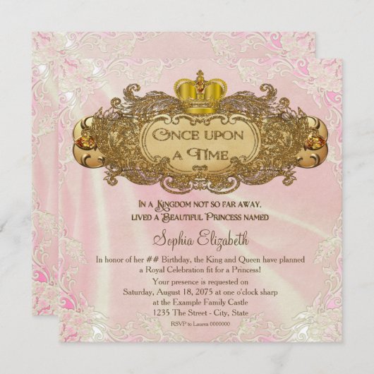 Once On a Timeプリンセス誕生日パーティー 招待状 (正面/裏面)