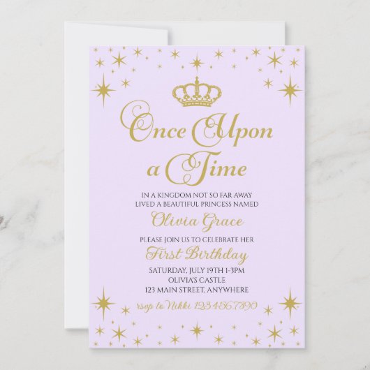 Once On a Time金ゴールドプリンセス誕生日招待状 招待状 (正面)