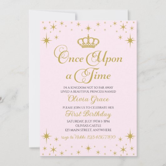 Once On a Time金ゴールドプリンセス誕生日招待状 招待状 (正面)