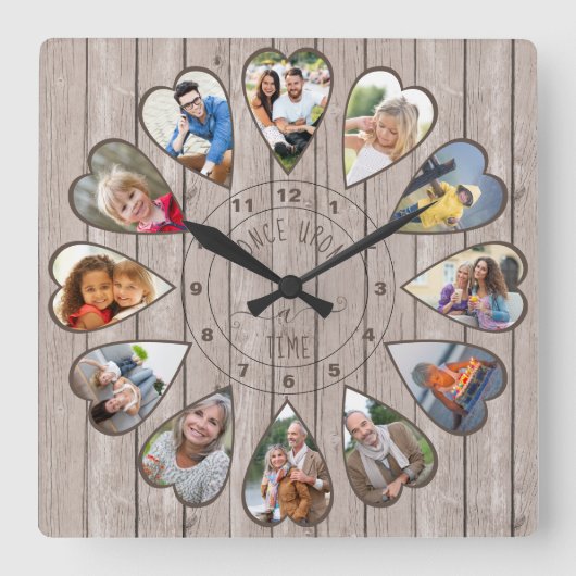 Once On a Time 12ハート型フォトアッシュウッド スクエア壁時計 (正面)