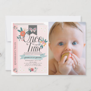 Once On a Time Pinkフローラ写真1st Birthday 招待状