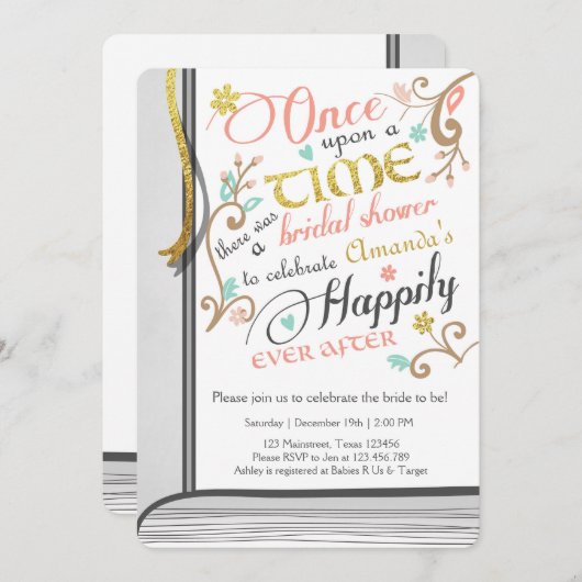 Once On a Time Storybookブライダルシャワーピンク 招待状 (正面/裏面)