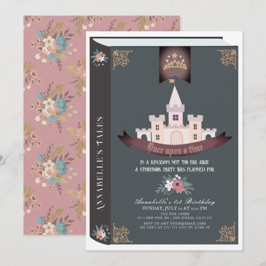 Once On A Time Storybook Black 1st Birthday 招待状 (正面/裏面)