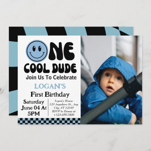 One クール Dude Boy 1st Birthday Photo 招待状 (正面/裏面)