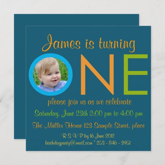 「ONE」ボーイの誕生日初のパーティーの写真招待状 招待状 (正面/裏面)