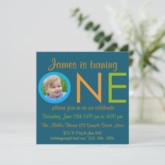 「ONE」ボーイの誕生日初のパーティーの写真招待状 招待状 (スタンド正面)