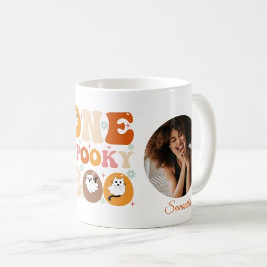 One 不気味 Boo Groovyハロウィーン猫幽霊写真 コーヒーマグカップ (正面右)