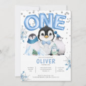 ONE 冬のペンギン 男の子 1歳の誕生日 招待状 (正面)