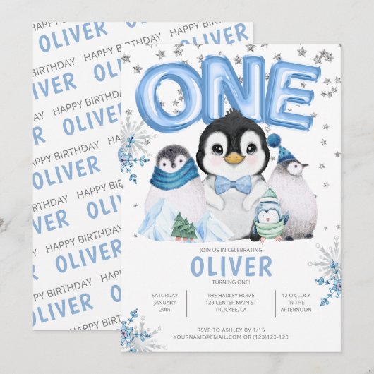ONE 冬のペンギン 男の子 1歳の誕生日 招待状 (正面/裏面)