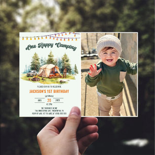 One 素朴 Happy Camper 1st Birthdayパーティー写真 招待状