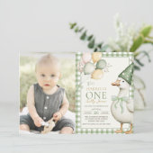 One 間抜け Goose Balloon Gingham 1st Birthday Photo 招待状 (スタンド正面)