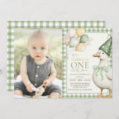 One 間抜け Goose Balloon Gingham 1st Birthday Photo 招待状 (正面/裏面)