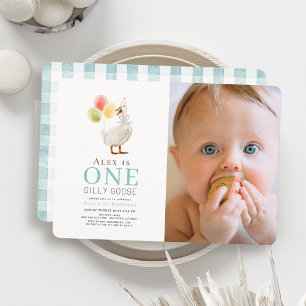 One 間抜け Goose Blue Boy Photo 1st Birthday 招待状