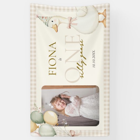 One 間抜け Goose Gingham 1st Birthday写真 横断幕 (縦)