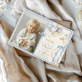 One 間抜け Goose Gingham Blue 1stバースデーフォト 招待状