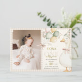 One 間抜け Goose Gingham Neutral 1st Birthday Photo 招待状 (スタンド正面)