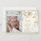 One 間抜け Goose Green Gingham 1st Birthday Photo 招待状 (正面)