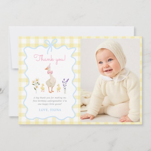 One 間抜け Goose Yellow Gingham 1st Birthday Photo サンキューカード (正面)