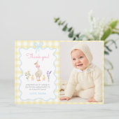 One 間抜け Goose Yellow Gingham 1st Birthday Photo サンキューカード (スタンド正面)