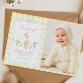 One 間抜け Goose Yellow Gingham 1st Birthday Photo サンキューカード