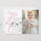 One 1th Birthday Pink Bow Girls写真 招待状 (正面)
