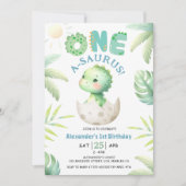 One A-Saurusかわいい恐竜の最初の誕生日招待状 招待状 (正面)