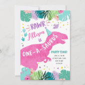 One-A-Saurusピンク恐竜ガール最初の誕生日 招待状 (正面)