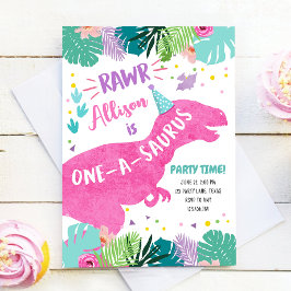 One-A-Saurusピンク恐竜ガール最初の誕生日 招待状