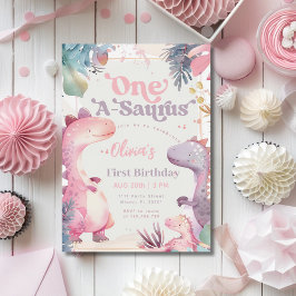 One-A-Saurusピンク恐竜ガール最初の誕生日 招待状