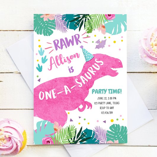 One-A-Saurusピンク恐竜ガール最初の誕生日 招待状