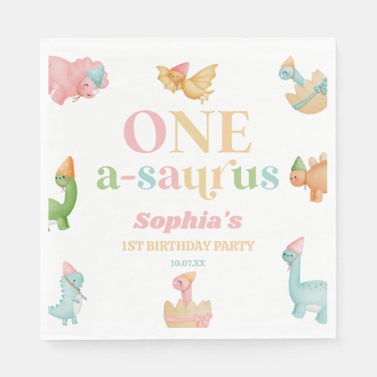 One A-Saurus恐竜の最初の誕生日パーティー スタンダードランチョンナプキン (正面)