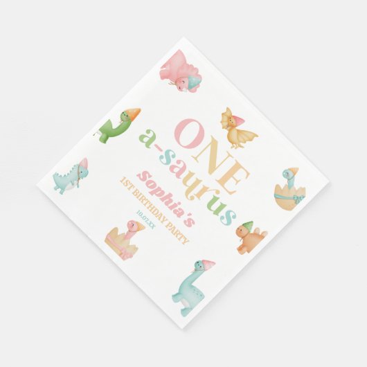 One A-Saurus恐竜の最初の誕生日パーティー スタンダードランチョンナプキン (角)