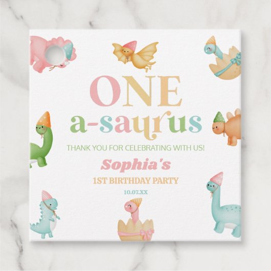 One A-Saurus恐竜の最初の誕生日パーティー フェイバータグ (正面)