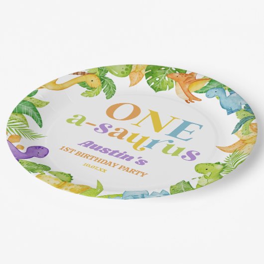 One A-Saurus恐竜の最初の誕生日パーティー ペーパープレート (アングル)