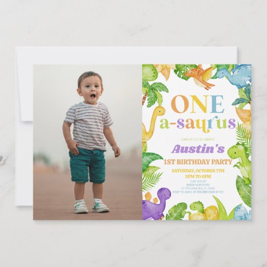 One A-Saurus恐竜の最初の誕生日パーティー 招待状 (正面)