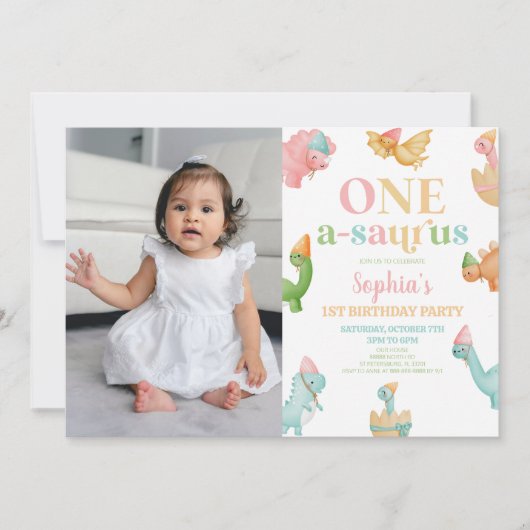 One A-Saurus恐竜の最初の誕生日パーティー 招待状 (正面)