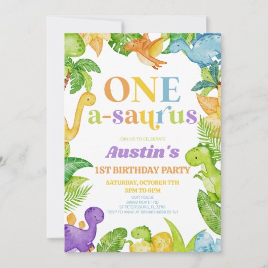 One A-Saurus恐竜の最初の誕生日パーティー 招待状 (正面)