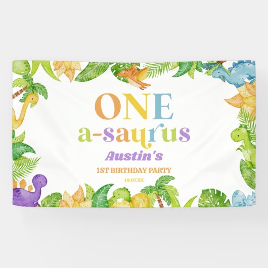 One A-Saurus恐竜の最初の誕生日パーティー 横断幕 (横)