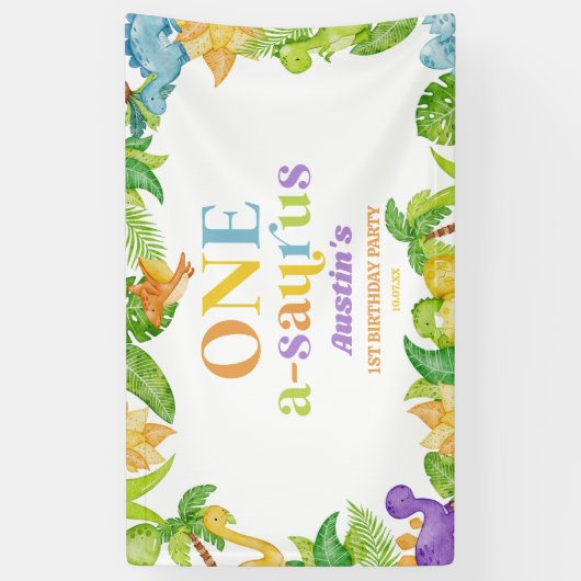 One A-Saurus恐竜の最初の誕生日パーティー 横断幕 (縦)