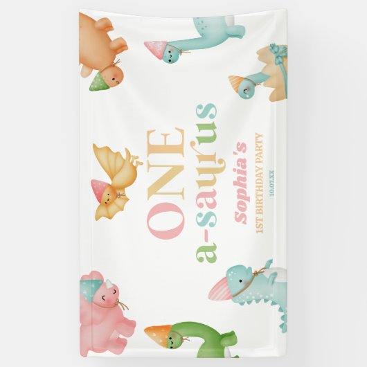 One A-Saurus恐竜の最初の誕生日パーティー 横断幕 (縦)