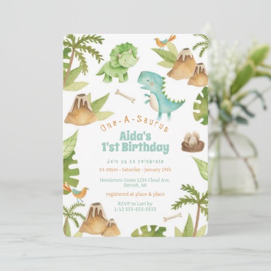 One-A-Saurus恐竜の誕生日の招待状 招待状 (スタンド正面)