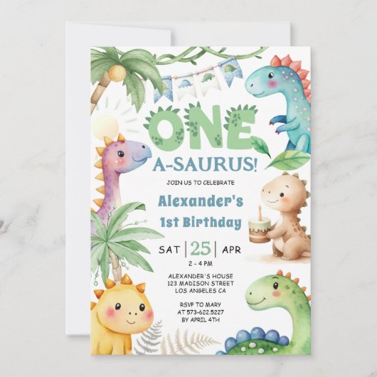 One A-Saurus Boy Disours 1st Birthday招待状 招待状 (正面)